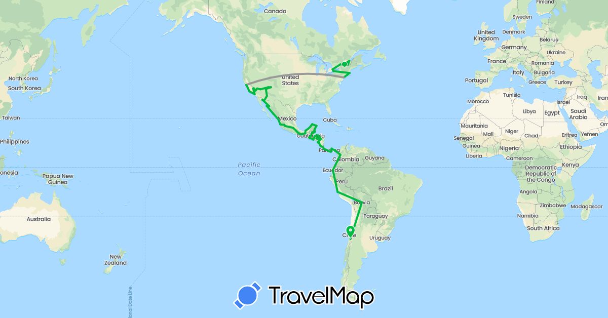 TravelMap itinerary: driving, bus, plane in Bolivia, Belize, Canada, Chile, Colombia, Costa Rica, Ecuador, Guatemala, Honduras, Mexico, Nicaragua, Panama, Peru, El Salvador, United States (North America, South America)
